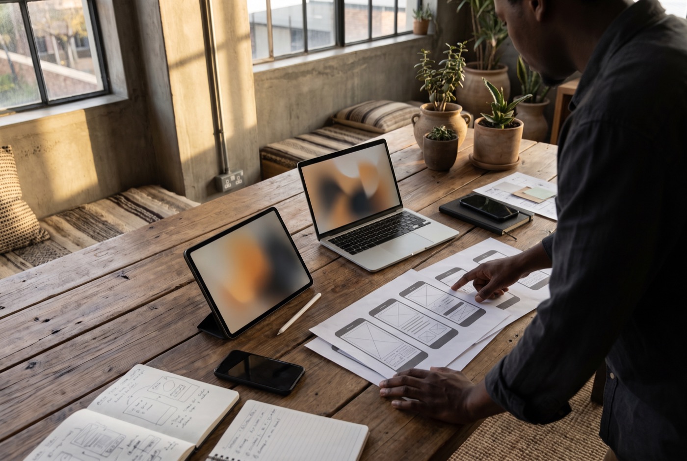 Designer reviewing printed interface wireframes at a wooden studio desk with devices