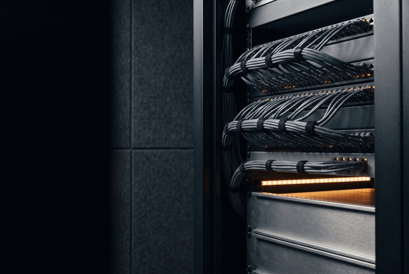 Architectural close-up of a network equipment rack with neatly dressed cables