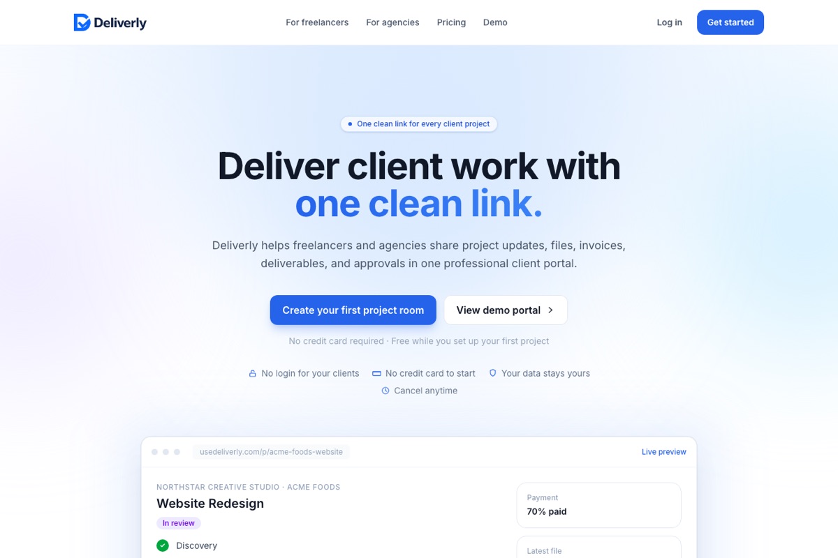 Deliverly landing page — client portal with one clean link per project