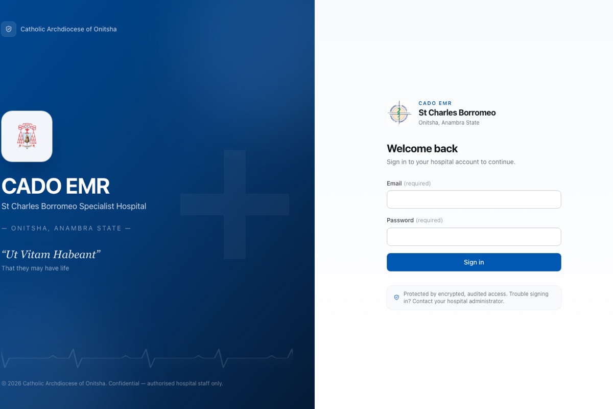 CADO EMR sign-in — hospital electronic medical records portal with clinical blue split layout