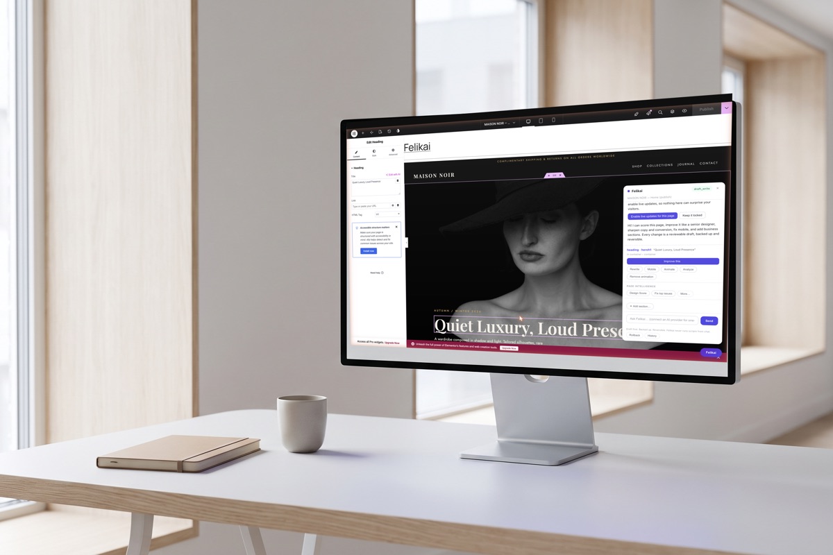 Felikai editing panel alongside the Elementor editor on a studio monitor, building a fashion-brand page