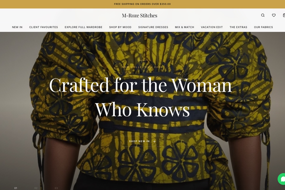 M-Roze Stitches storefront — bespoke fashion e-commerce