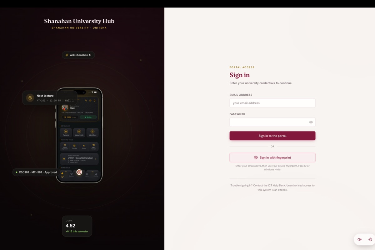 Shanahan University Hub sign-in — portal access page with the student mobile app showing timetable, CGPA, and clearance tools