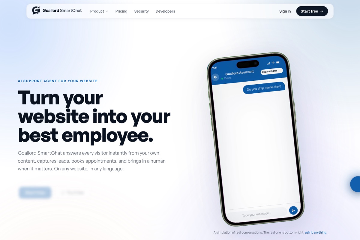 Goallord SmartChat website — AI support agent chat interface on a phone